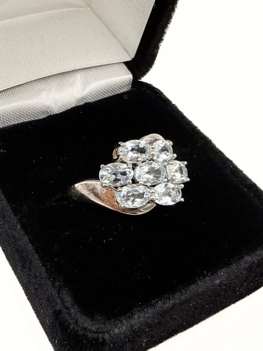 Dainty Marked Sterling Silver 7 Stone Aquamarine Cluster Ring Sz 9.75